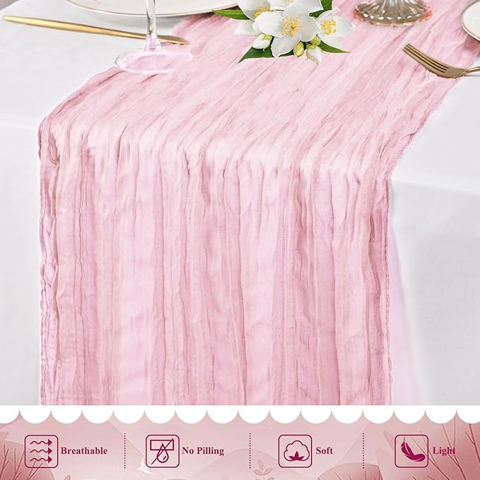 20 Packs Cheesecloth Table Runner 10FT Long Boho Gauze Fabric Table Runner Vintage Rustic Sheer Runners for Wedding Party Bridal Baby Shower Table Decorations (Light Pink)