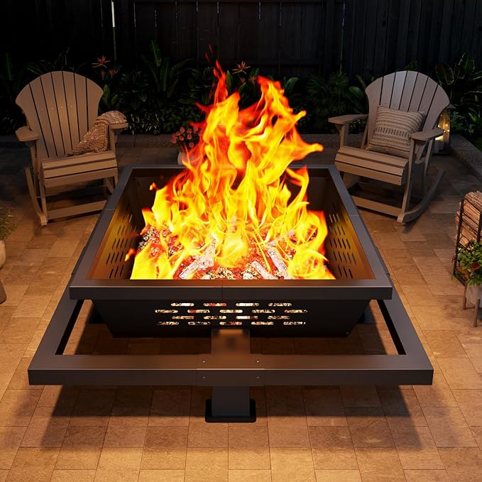 47" Large Fire Pit, Square Outdoor Fire Pit with Poker, Wood Burning FirePit for Camping, Backyard, Patio