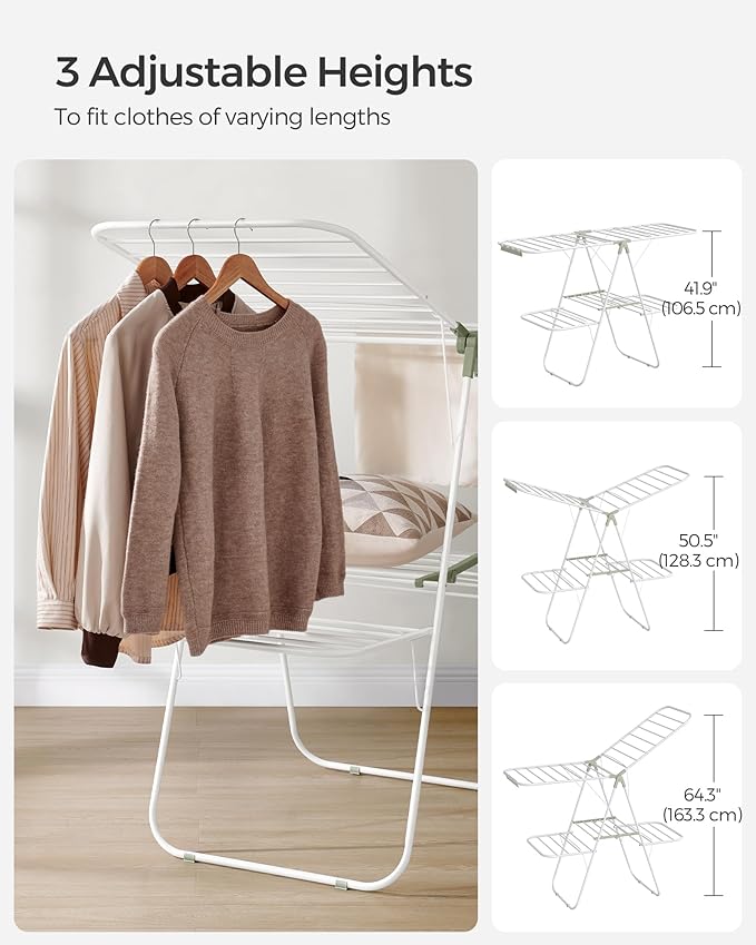 SONGMICS Clothes Drying Rack, Foldable 2-Level Laundry Drying Rack, Free-Standing Laundry Airer, with Height-Adjustable Wings, 33 Drying Rails, Sock Clips, White and Green ULLR053C01V1