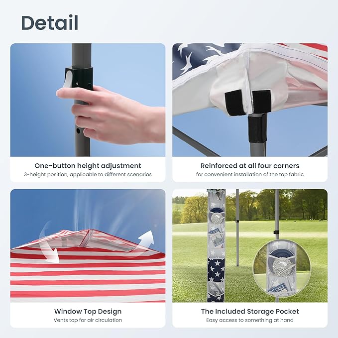 PHI VILLA 10x10 Pop Up Canopy Tent - One Push Setup, Instant Shade Tent with Vented Roof for Beach & Events - Includes Storage Bag, Sandbags, Stakes & Ropes (American Flag)
