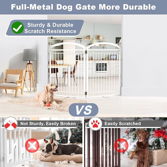 Full Metal Free Standing Dog Gate with Door for Indoor Outdoor, 48'' Extra Wide 32'' Tall Dog Gate for Doorways,Large Openings,Decks,Pet Puppy Freestanding Safety Fence(2 Panels,White)