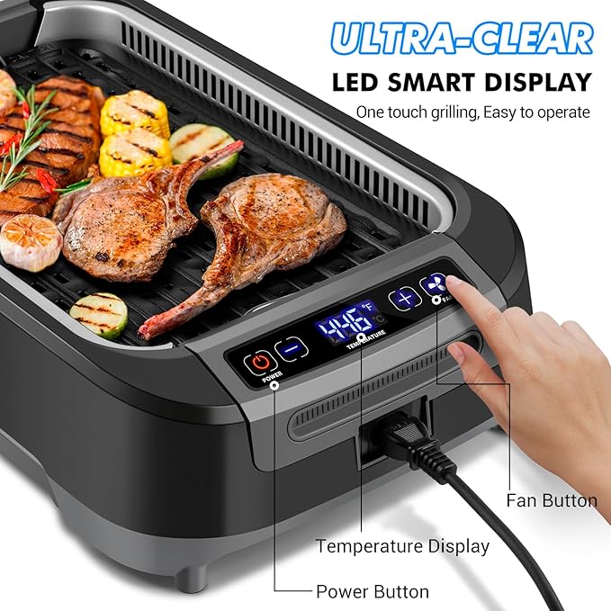CUSIMAX Electric Indoor Grill, 1500W Smokeless Korean BBQ Grill with Smart LED Display & Tempered Glass Lid, Removable Non-stick Plate, Turbo Smoke Extractor, Black