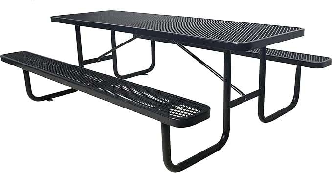 6FT Rectangular Metal Picnic Table for Outdoors, Commercial Steel Metal Picnic Tables, Heavy Duty Sturdy Picnic Tables Furniture Set for Patio Garden Courtyard BBQ, with Umbrella Hole, Black