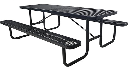 6FT Rectangular Metal Picnic Table for Outdoors, Commercial Steel Metal Picnic Tables, Heavy Duty Sturdy Picnic Tables Furniture Set for Patio Garden Courtyard BBQ, with Umbrella Hole, Black
