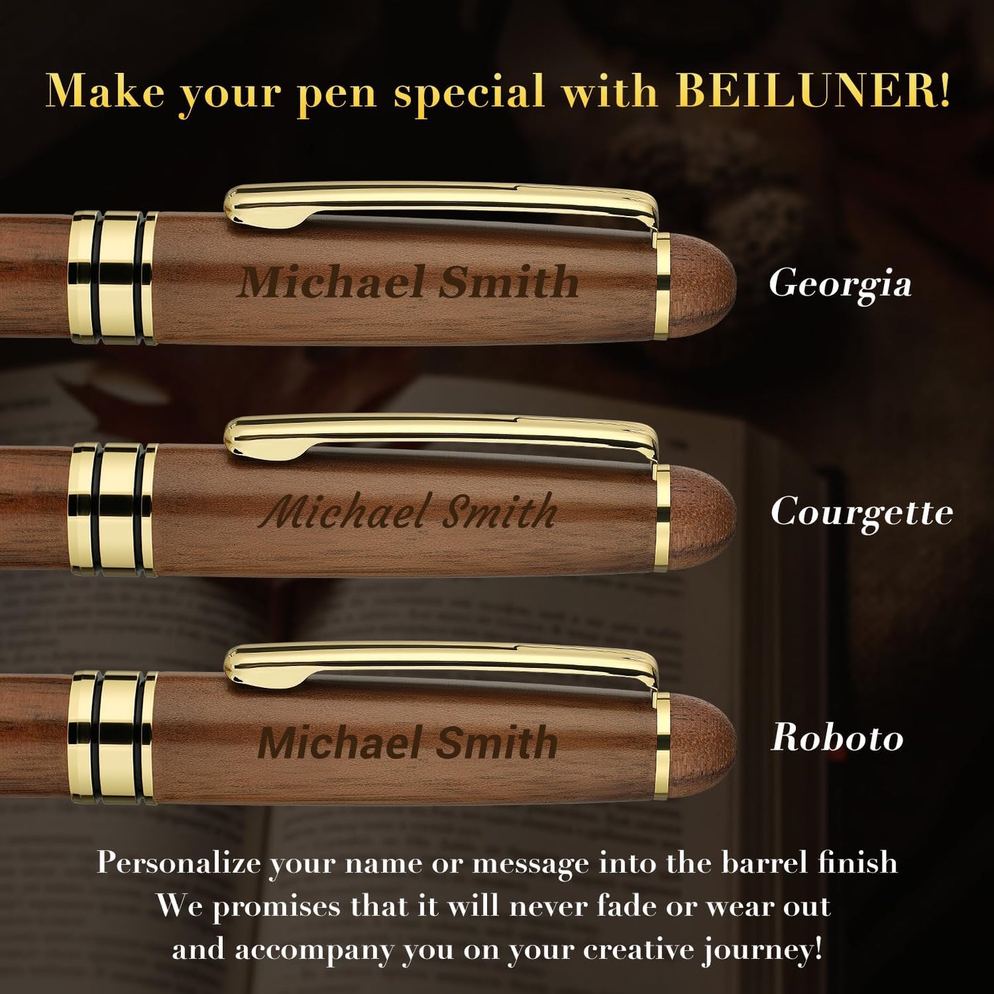 BEILUNER Luxury Personalized Wood Ballpoint Pen Writing Set,Walnut-Elegant Fancy Nice Gift Pen Set for Signature Executive Business Office Supplies - Christmas Gift Boxed with Extra Refills (Black)