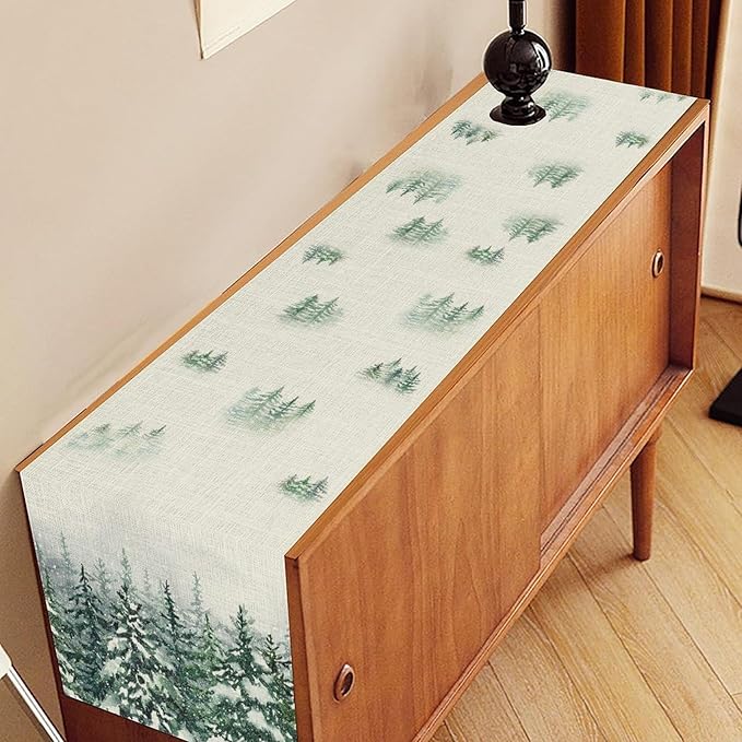 Forest Table Runner, Rustic Farmhouse Mountains Birds Pine Tree Woodland Jungle Cottage Country Coffee Table Center Decor for Home Kitchen Dining Patio Holiday Party Table Decorations, 13"x72" Inch