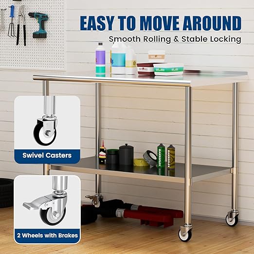 Stainless Steel Work Table with Wheels, 30x60 Inch NSF Food Prep Table with Backsplash & Adjustable Undershelf for Commercial Kitchen, Restaurant, Garage