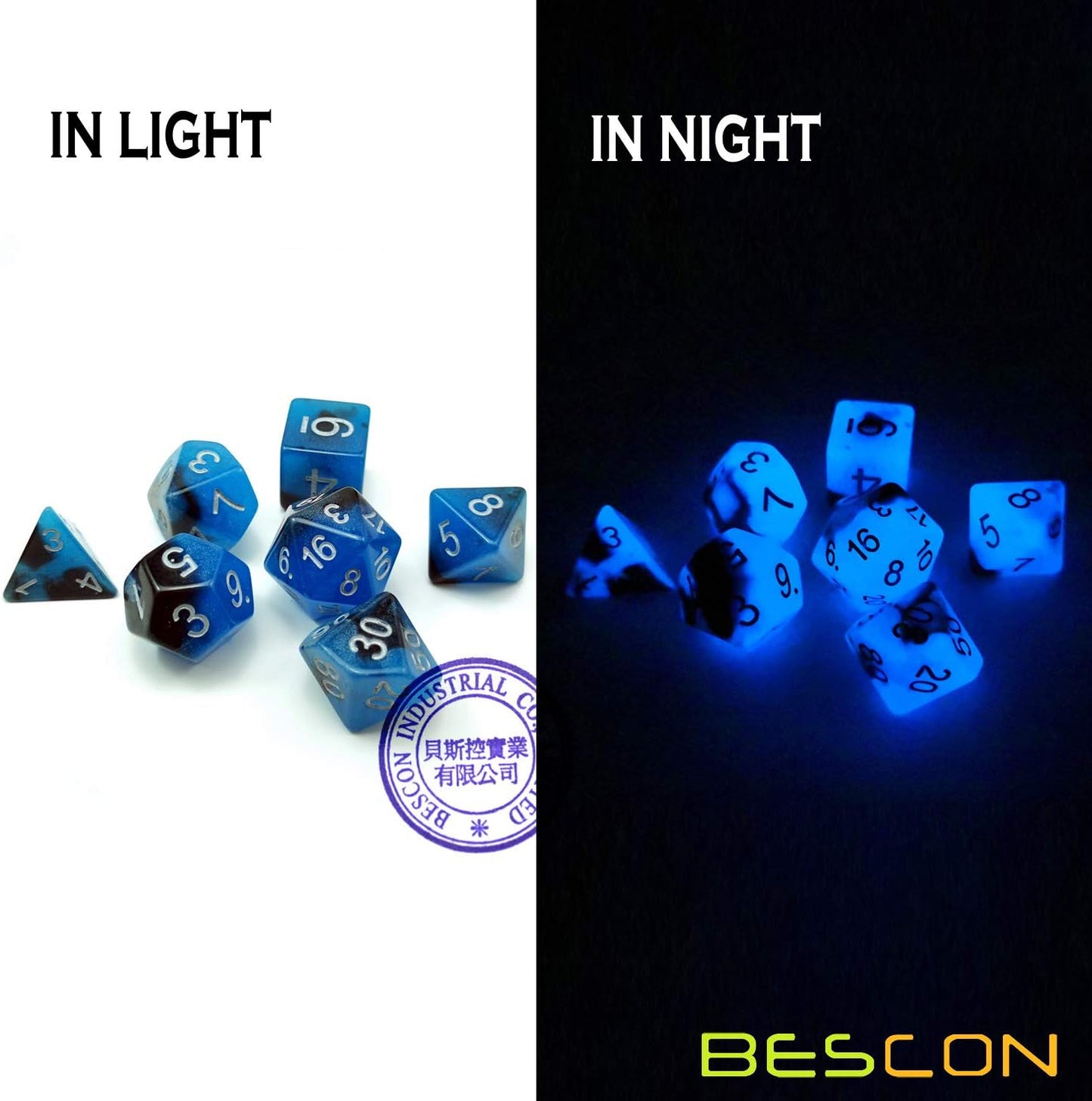 Bescon Two-Tone Glow-in-The-Dark Polyhedral Dice Set Blue Dawn, Luminous RPG Dice Set d4 d6 d8 d10 d12 d20 d% Brick Box Pack