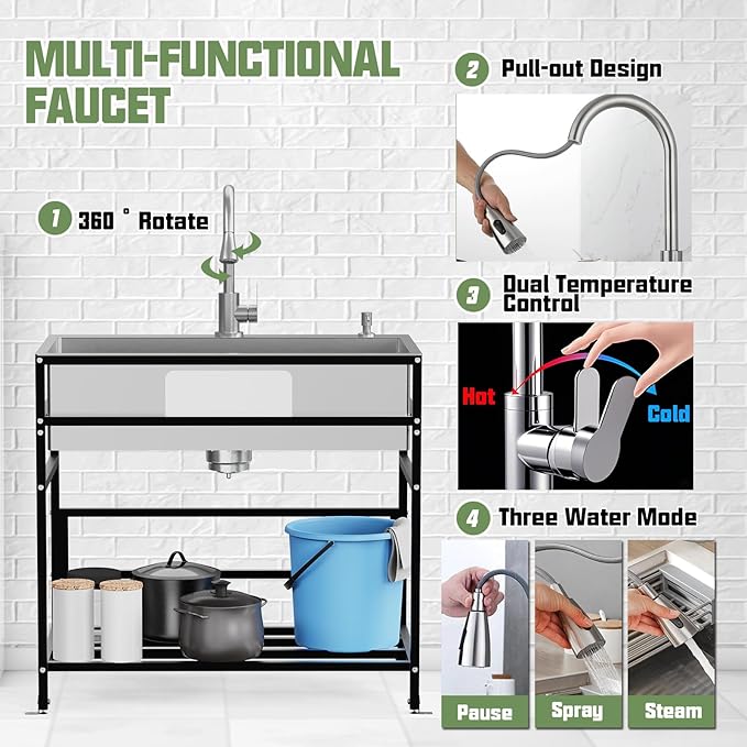 33x19 Inch Stainless Steel Utility Sink-Freestanding Laundry Sink Practicality With Accessories Stainless Functional Faucet,Soap Dispenser, SS Sink Grid For Laundry,Garage,Outdoor Kitchen,Garden...