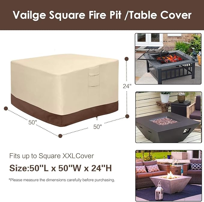Vailge Fire Pit Cover Square,100% Waterproof Square Gas Firepit Table Cover,Outdoor Heavy Duty Lawn Patio Furniture Covers with Air Vent and Handle,50"L x 50"W x 24",Beige & Brown