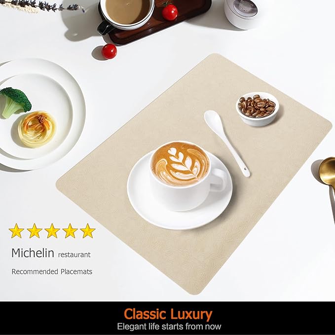 Vinyl Placemats Set of 4 Faux Leather 100% Waterproof Wipeable Washable Place Mats Heat Resistant Easy Clean Non-Slip Table Mats for Indoor Outdoor. (4,Beige)