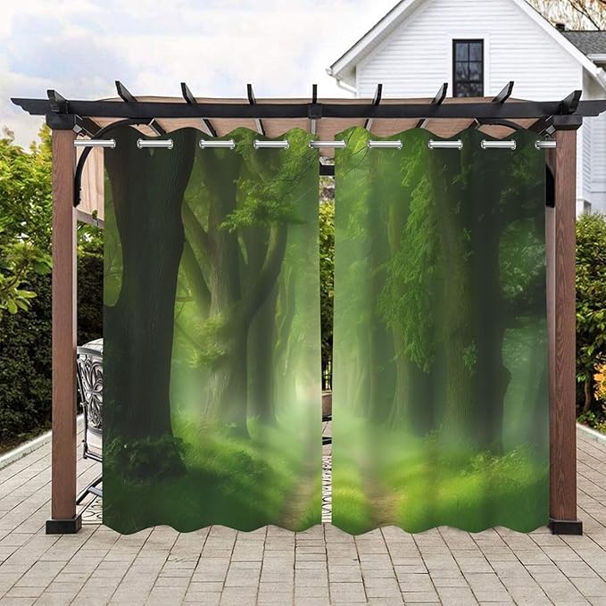 Forest Theme Waterproof Outdoor Curtains for Patio,Dawn Trees Jungle Pattern,Light Filtering Curtains Outside Curtains for Porch, Gazebo, Pergola, Backyard,2 Panels,W54 x L84,Green