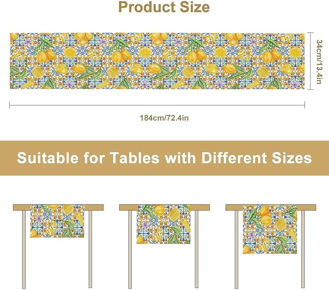 Lemon Tiles Table Runner, Blue Yellow Kitchen Summer Flower Table Runner for Home Kitchen Indoor Outdoor Patio Party 13x90in