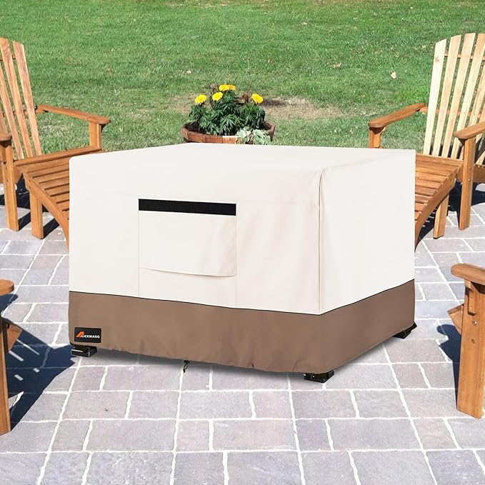 Fire Pit Cover Square, Outdoor Heavy Duty Durable 600D Tear-Resistant 100% Waterproof 30-32 Inch Fire Pit Cover, Patio Weatherproof Square Fire Table Protector, Beige 32" L x 32" W x 24" H