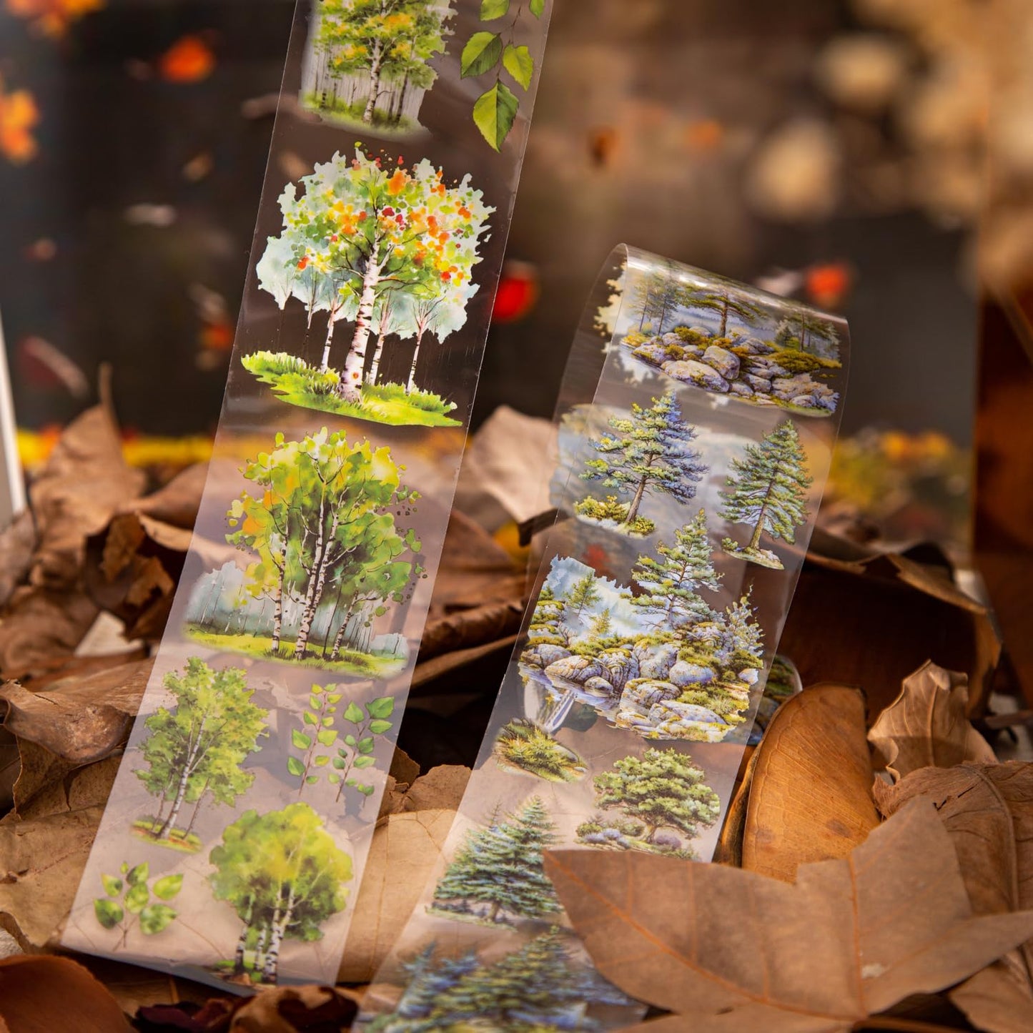 6PCS Trees and Forest PET Tape Set, Nature Scenery Adhesive Tapes for Journaling, Scrapbooking, and DIY Crafts, with Decorative Clip