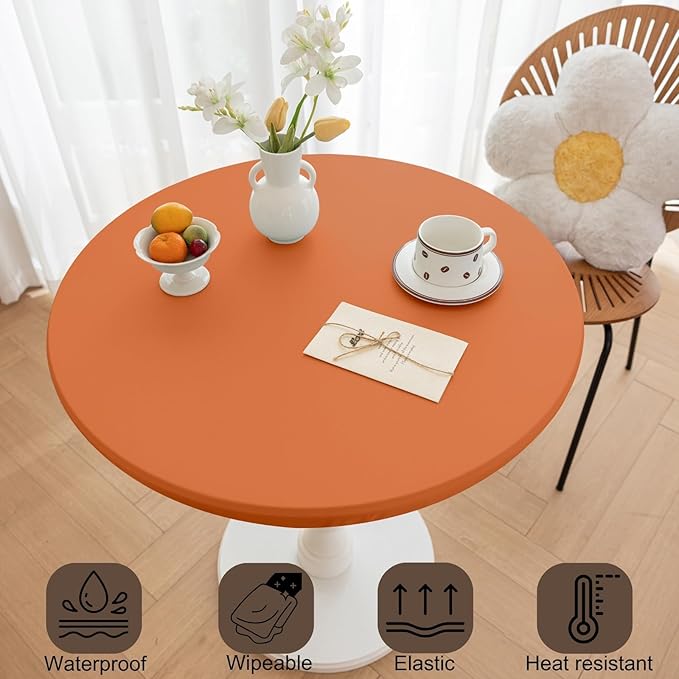 Fall Round Fitted PU Tablecloth with High Elastic Edge 47 Inch Dia Waterproof Oil Proof Table Cloth Anti-Scald Stain-Resistant Wipeable Table Cover for Indoor Outdoor Picnic (Orange,47" Dia)