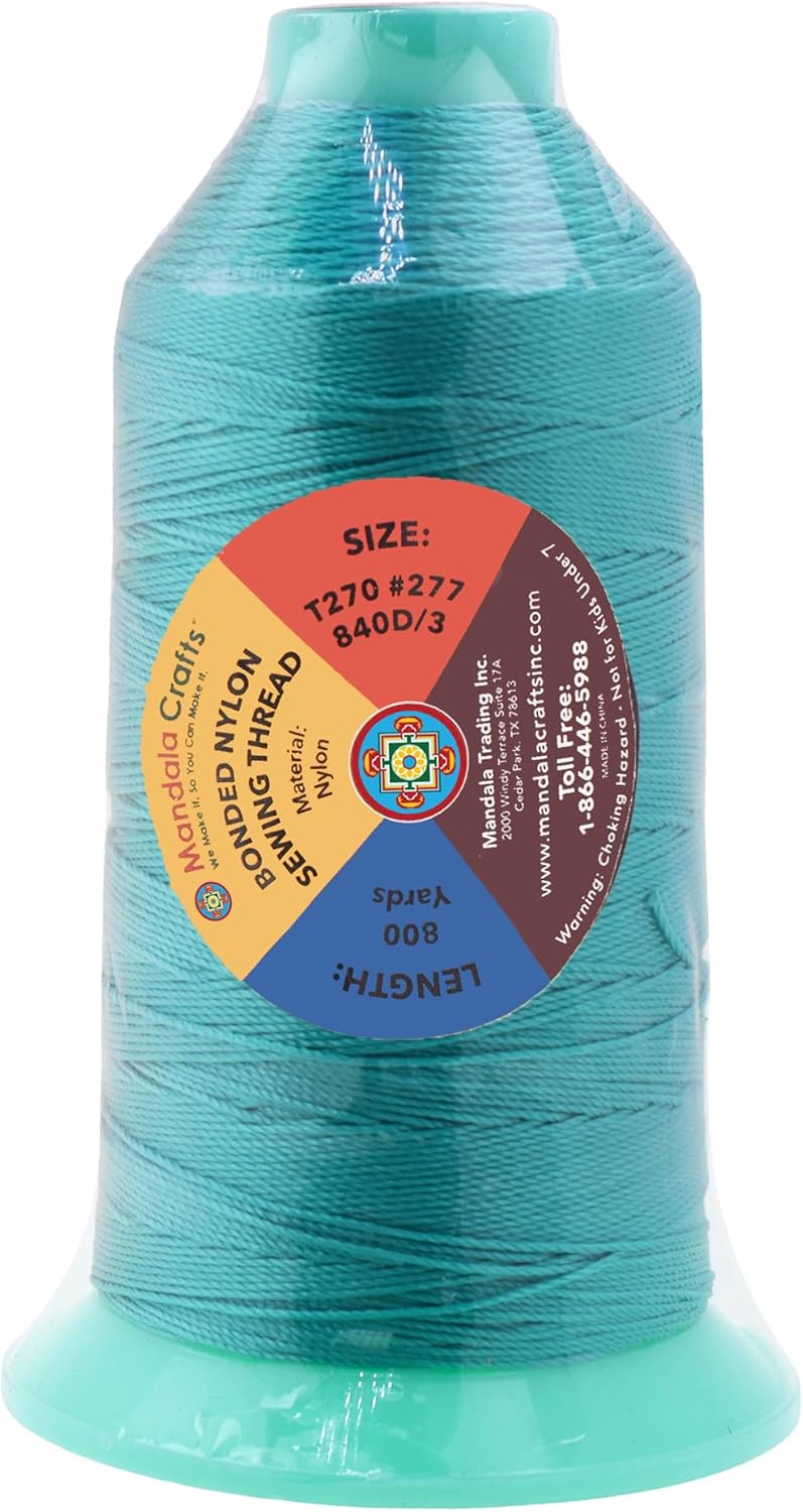 Mandala Crafts Bonded Nylon Thread Turquoise Heavy Duty Sewing Threads - 800 YDs Size 277 840D T270 Tex 270 Thread for Leather Jeans Weaving Outdoor Marine Upholstery Threads