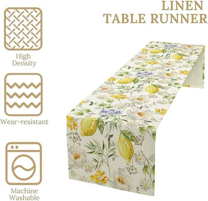 Vintage Lemon Blossom Table Runner Seasonal Spring Summer Floral Farmhouse Dining Table Decoration for Home Holiday Party Dresser Kitchen Cabin Restaurant Wedding Decor 13×36in