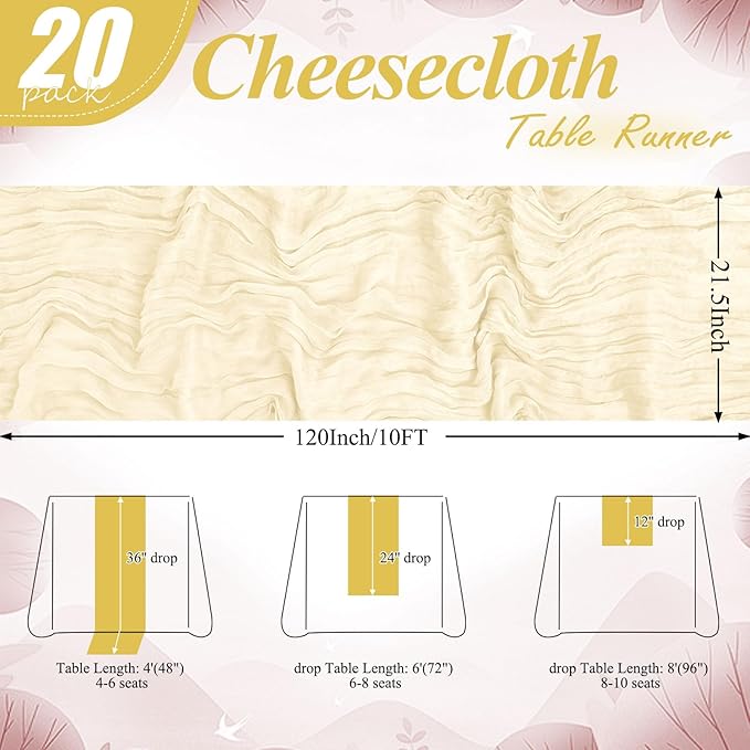 20 Packs Cheesecloth Table Runner 10FT Long Boho Gauze Fabric Table Runner Vintage Rustic Sheer Runners for Wedding Party Bridal Baby Shower Table Decorations (Ivory )