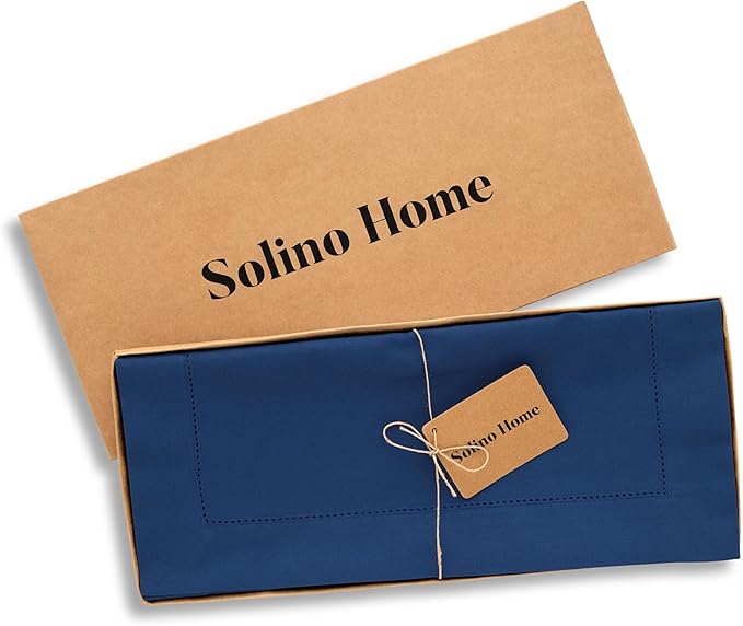 Solino Home Cotton Linen Table Runner 48 Inches - Lapis Blue Hemstitch Table Runner 14 x 48 Inch Ideal for Dresser and Coffee Tables - Winter