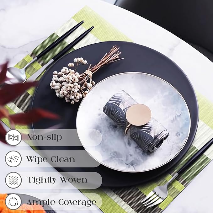 Set of 6 Colorful Striped Vinyl Placemats Heat-Resistant Washable Placemats Non-Slip Woven Table Mats Wipeable Placemat for Kitchen Dining Table Decoration Indoor Outdoor (Meadow Green)
