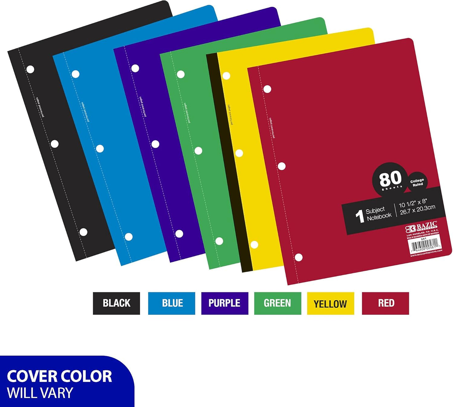BAZIC Notebook College Ruled 1 Subject 80 Sheets Wireless Notebooks, Lined Composition Book, Assorted Color, 1 Unit, Random Color