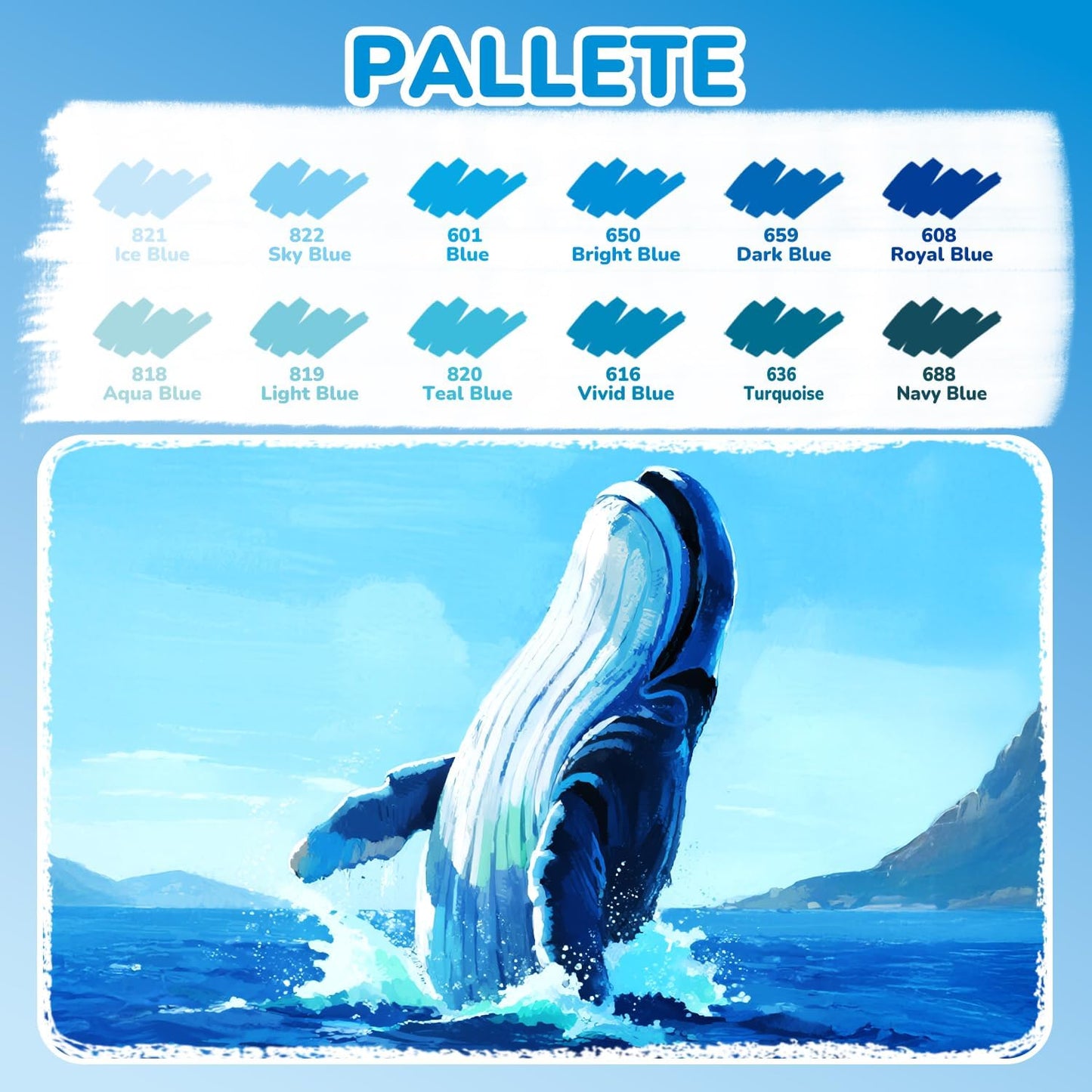 Guangna 12 Blue Dual Tip Acrylic Paint Markers, Brush Tip & Chisel Tip Acrylic Paint Pens for Rock, Wood, Glass, Paper, Coloring Book, Ceramic, Canvas, Water-Based Ink