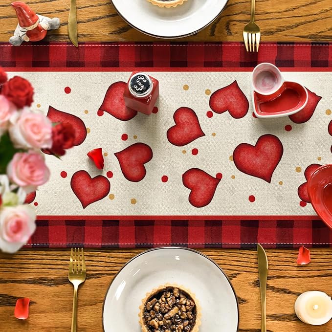 Artoid Mode Red Watercolor Hearts Gnomes Love Valentine's Table Runner, Seasonal Anniversary Wedding HoliKitchen Dining Table Decoration for Indoor Outdoor Home Decor 13x72 Inch