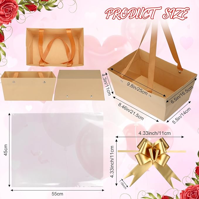 PerKoop 24 Pack Baskets for Gifts Empty Bulk 6.5 x 9.8'' Thick Kraft Gift Basket with Bows and Bags Empty Gift Baskets for Valentine's Day Easter Birthdays Wedding Snacks Farmers Market(Khaki)