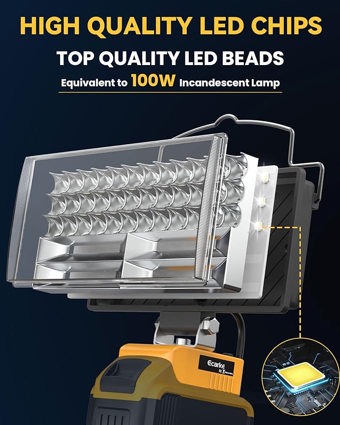 Ecarke LED Work Light Compatible with DeWALT 20V, 100W 10000LM Cordless Flashlight, 7" Battery Flood Light with Low Voltage Protect for Emergency, Job Site & Security Lighting, Battery Not Included