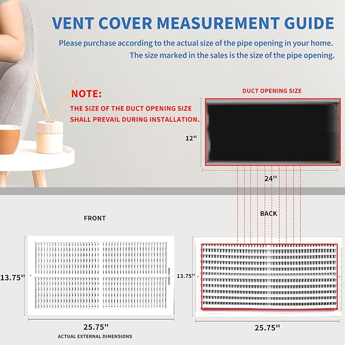 24x12 Vent Register [Duct Opening], Vent Covers for Home Ceiling, Two-Way Ventilation Register, Adjustable Solid Steel Wall Register Vent Cover (24"W x12"H [Duct Opening])