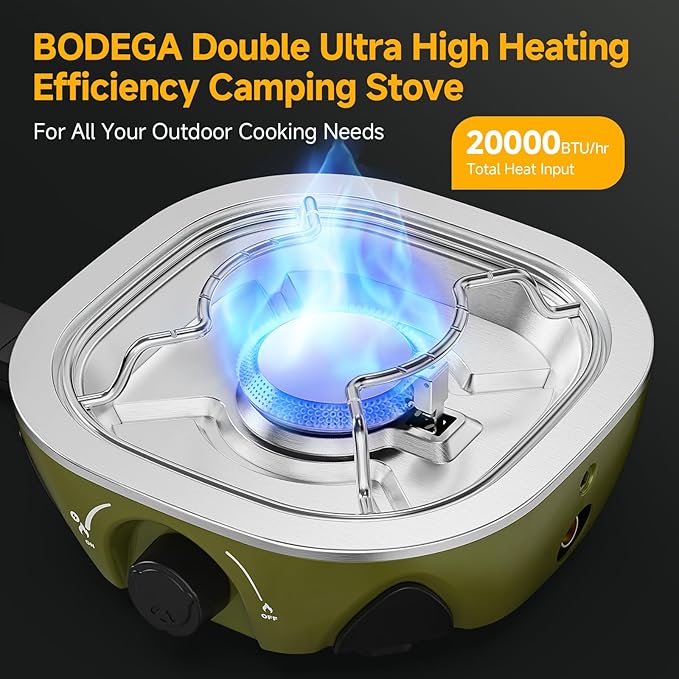 BODEGA 2 Burner Camping Stove, 20000 BTU Folding Propane Camp Stove with Adjustable Burners,Portable Dual Gas Stoves with Carry Handle&Bag Frying Pan for Camping,BBQ,RV,Home,Camping Essentials Gear