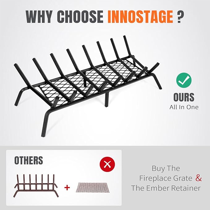 INNO STAGE Fireplace Grates with Ember Retainer - 30 Inch Fireplace Log Grate, Firewood Wood Log Holder Rack, Inside Wrought Cast Iron Fire Grate for Hearth Indoor Outdoor Camping
