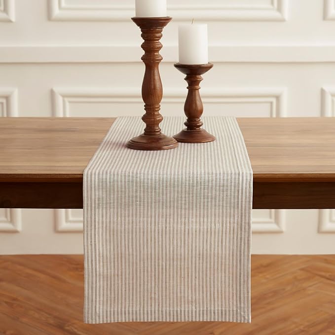 Solino Home Linen Striped Table Runner 36 Inches - Narrow Stripe, 100% Pure Linen Natural and White Small Table Runner 14 x 36 Inch Ideal for Dresser and Coffee Tables - Winter, Spring, Easter