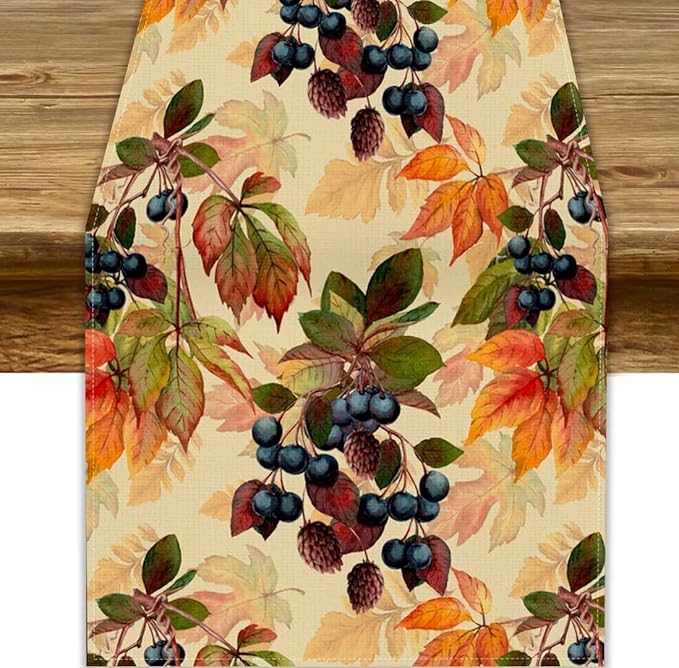Autumn Leaf Table Runner, Thanksgiving Autumn Harvest Watercolor Black Berry Floral Fruit Leaves Vintage Table Runner for Home Party Picnic Dinner Table Decor, 13x60inch