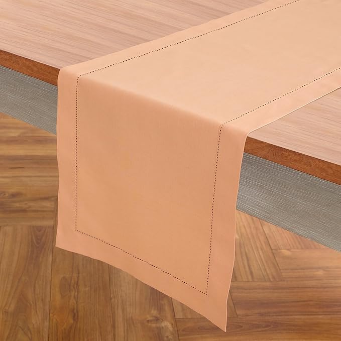 Solino Home Cotton Linen Table Runner 90 Inches Long - Hemstitch Peach Bloom Dining Table Runner 14 x 90 Inch for Valentines, Spring, Easter