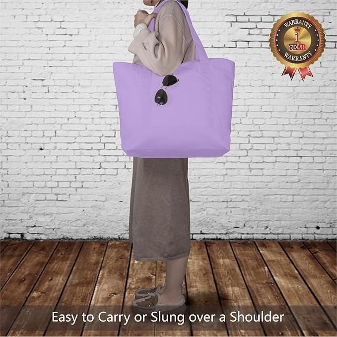 TOPDesign 6-Pack Canvas Tote Bags with an External Pocket, Reusable Grocery Shopping Bags, Top Zipper Closure, Daily Essentials (Lavender)
