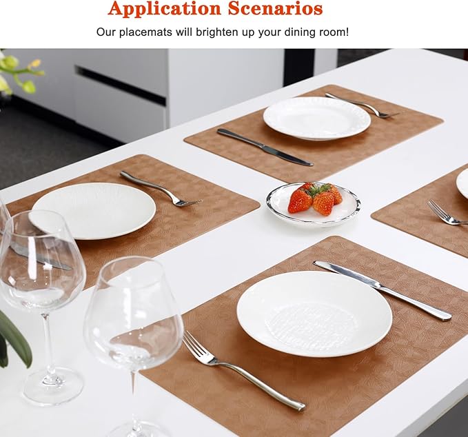Vinyl Placemats Set of 4 Heat Resistant Easy Clean Non-Slip Place Mats for Dining Table. Faux Leather Waterproof Stain Resistant Wipeable Washable PU Table Mats(4, Light Brown)