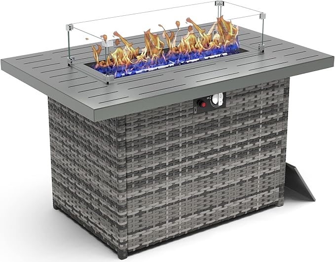 44 Inch Propane Gas Fire Pits Table for Outside Patio, 60000 BTU Rectangular Outdoor Wicker Rattan Fire Pit with Glass Wind Guard
