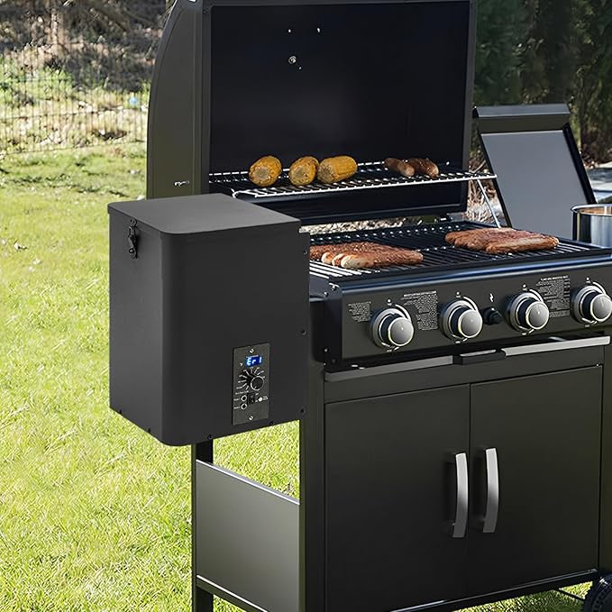 Electric Wood Pellet Smoker Grill Part, 250W 180℉ -500℉ Vertical Pellet Smoker Hopper Assembly Kit with Dual-Functional Wind Mechanism and LED Visual Feedback Screen
