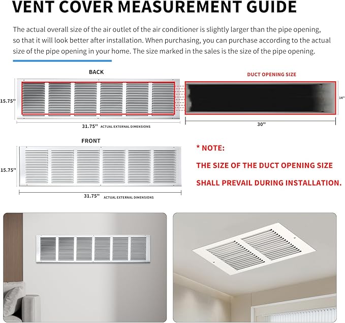 30x14 Return Air Grille(Duct Opening Size),Air Return Vent Cover,Flat Vent Cover,Rejillas De Aire Acondicionado Para Casa,Return Air Grilles,Outer Dimensions:31.75"Wx15.75"H(30"W x 14"H, Duct Opening)