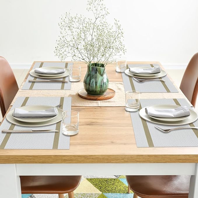 Beige Placemats Set of 8 - Heat Resistant Non-Slip Place mats for Dining Table, Washable Durable PVC Vinyl Woven Table Mats (Beige)