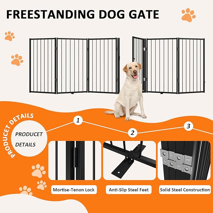 Metal Freestanding Dog Gate, Foldable Extra Wide 118", 32" Tall Large Opening Pet Gate for Indoor & Outdoor, Portable Dog Fence for Stairs, Doorways (Black, 6 Panels)