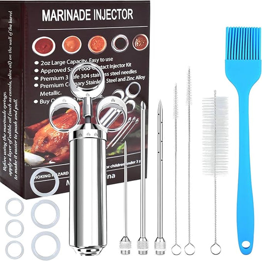 304-Stainless Steel Meat Injector Syringe Kit with 3 Marinade Needles for BBQ Grill Smoker, Turkey, Beef, Fish,Brisket, 2-oz Large Capacity, Silicone Brush and Cleaning Brush