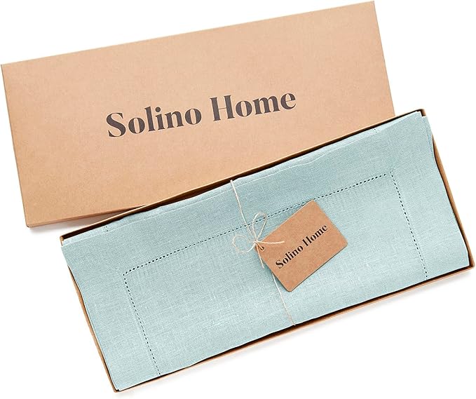 Solino Home Linen Aqua Blue Table Runner 72 Inches Long - 100% Pure Linen Hemstitch Table Runner 14 x 72 Inch for Dresser, Dining, Spring, Easter, Winter - Classic Hemstitch