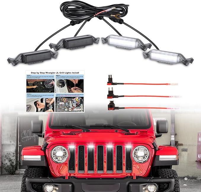 Led Grill Grille Lights fit for 2019 2020 2021 2022 2023 Jeep Wrangler JL JLU Rubicon Sahara Sport Front Grille Grills Light Front Headlights Wrangler JL Jlu 2018-2023 White 4pcs Led (White JL 4P)