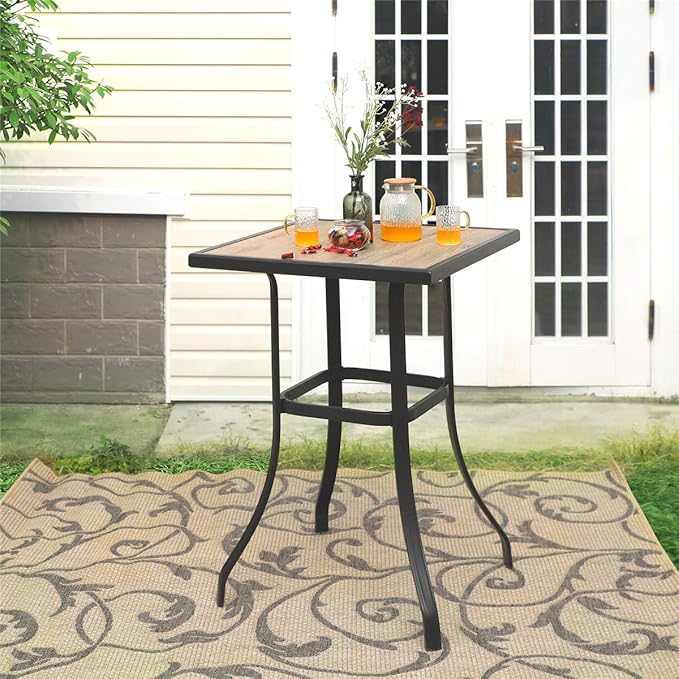 PHI VILLA Patio Bar Table, Outdoor Bar Height Bistro Table with Wooden-Like Table Top & Metal Frame, Brown