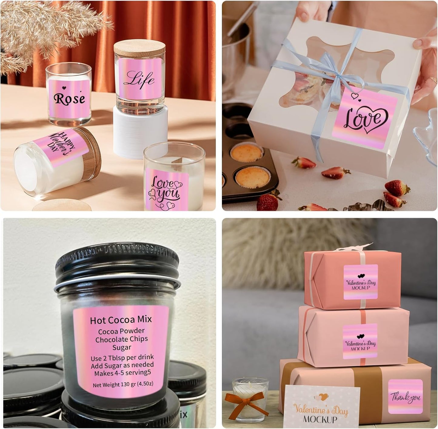 Holographic Square Thermal Labels Stickers 3" x 3", Direct Square Thermal Stickers Labels, Glitter Self-Adhesive Thermals Label for Small Business- Holographic Pink