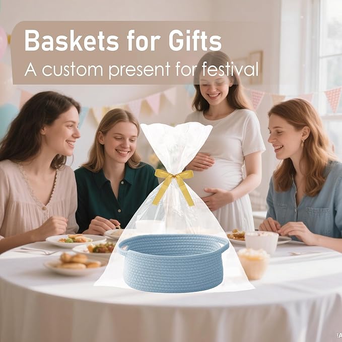 Woven Basket,Small Rope Storage Bin with Handles & Ribbon Bag, Organizer for Shelves Closets,Gift Basket Empty for Birthday,Books,Dog Toys, Blue/3 Pack