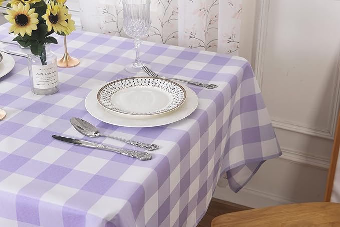 2 Pack Waterproof Polyester Fabic Rectangle Checkered Tablecloth，60x84 Outdoor Table Cloth，Oil Stain Prevention Table Cloth for Pinics and Parties（Lavender and White）